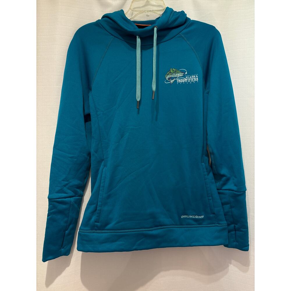 GRUNDÉNS Troutfitters Flyshop Kenai River Alaska Hoodie Teal Women’s S